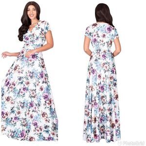 KOH KOH Summer V Neck Long Cap Sleeve Maxi Floral Dress